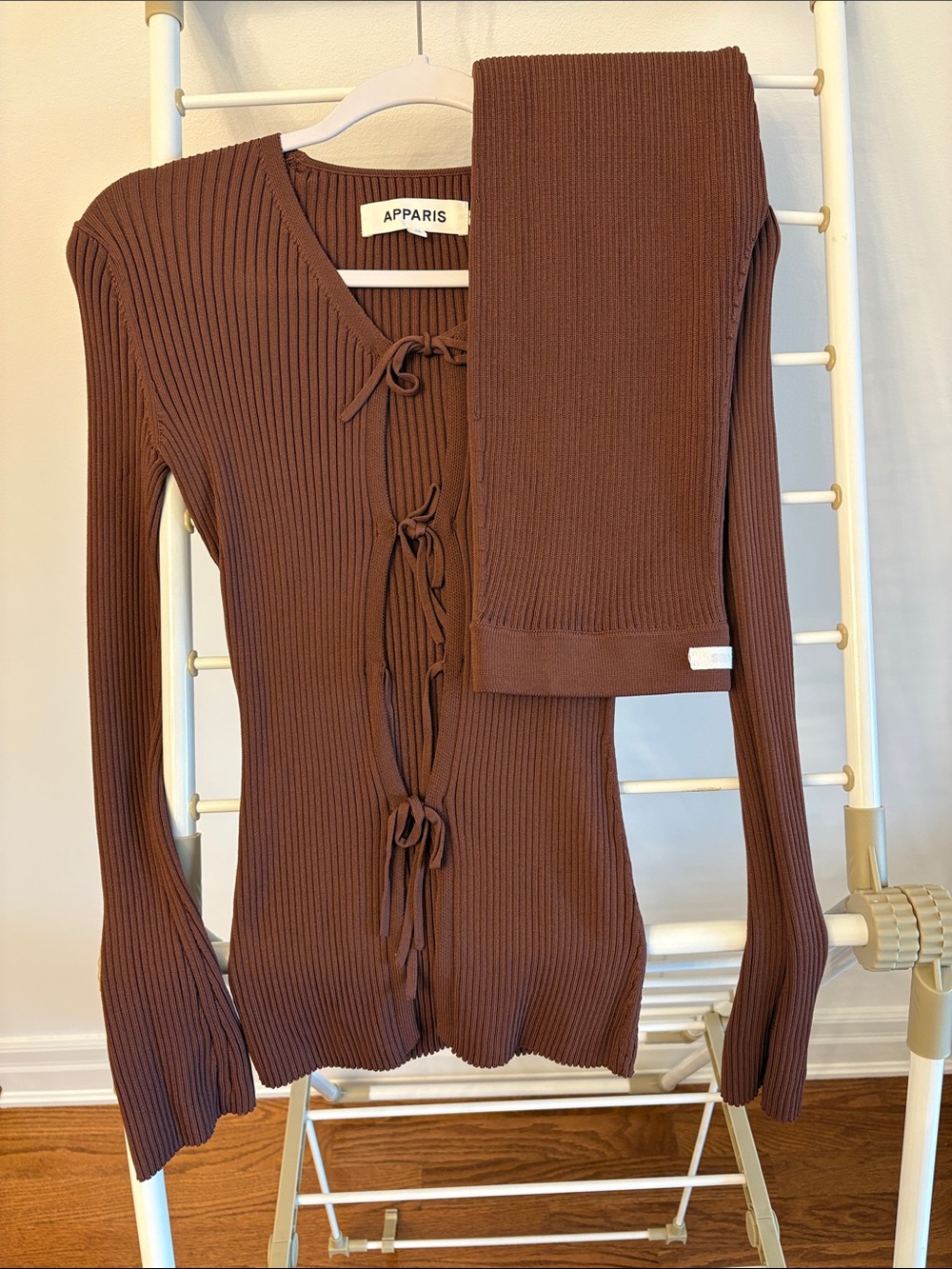 NWOT Apparis Chocolate Brown Ribbed Tie-Front Knit Top & Pant Matching Set